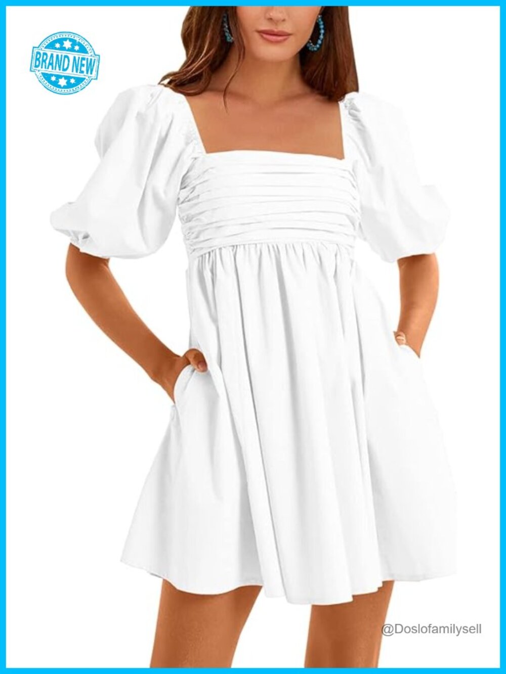 Square Neck Half Puff Sleeve High Waist A-Line Babydoll Mini Dress